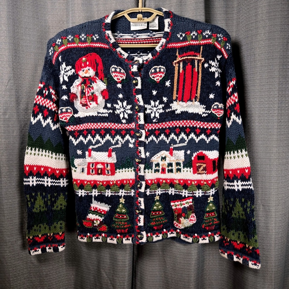 Vintage Fashion Bug Christmas Village Cardigan Sweater Snowman Trees Navy Blue M